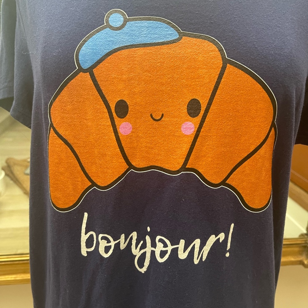 Bonjour Croissant T-Shirt - Navy Blue Size L - Picture 2 of 9